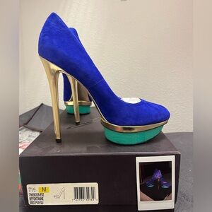 Brian Atwood Blue Suede Gold Heels